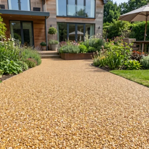 Moderner Gartenweg mit hellem Kiesbelag führt zu einem stilvollen Haus mit Terrasse und grüner Bepflanzung (KI-generiert)