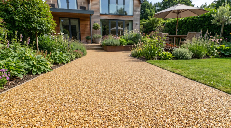 Beiger und gelber Steinteppich führt zu einem modernen Haus mit Gartenmöbeln und Pflanzen (KI-generiert)