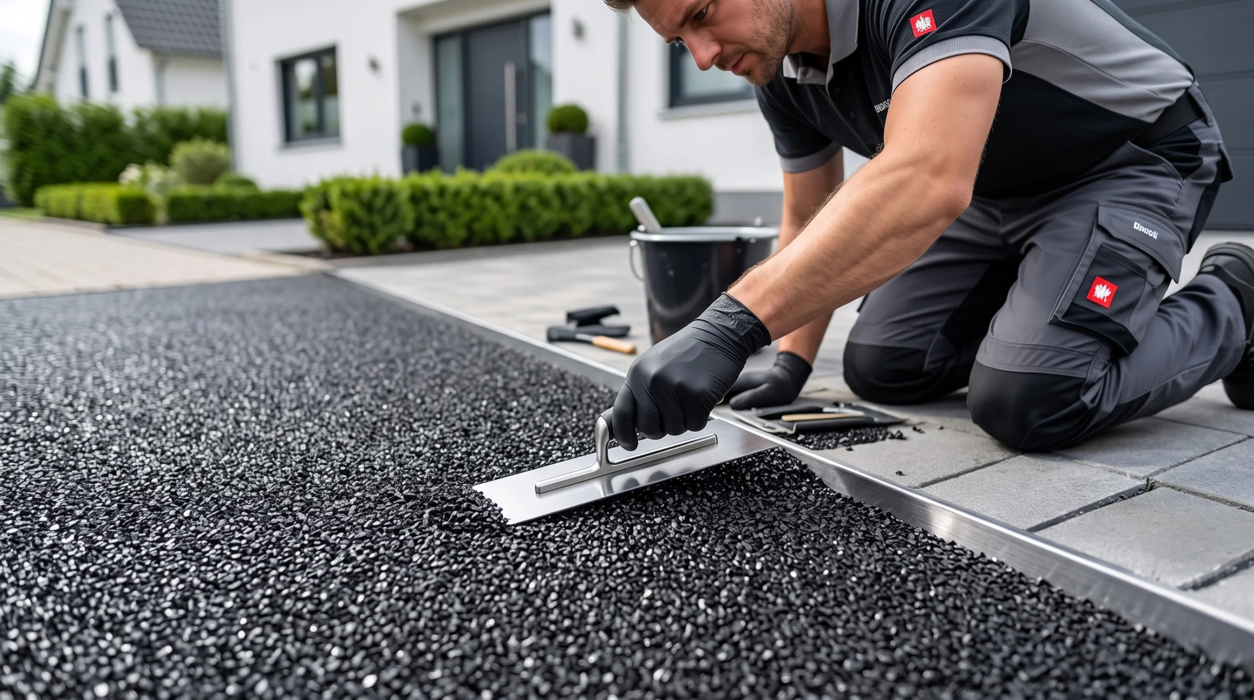 Handwerker verlegt schwarzen Steinteppich auf einer Einfahrt, umgeben von modernen Gebäuden und Grünpflanzen