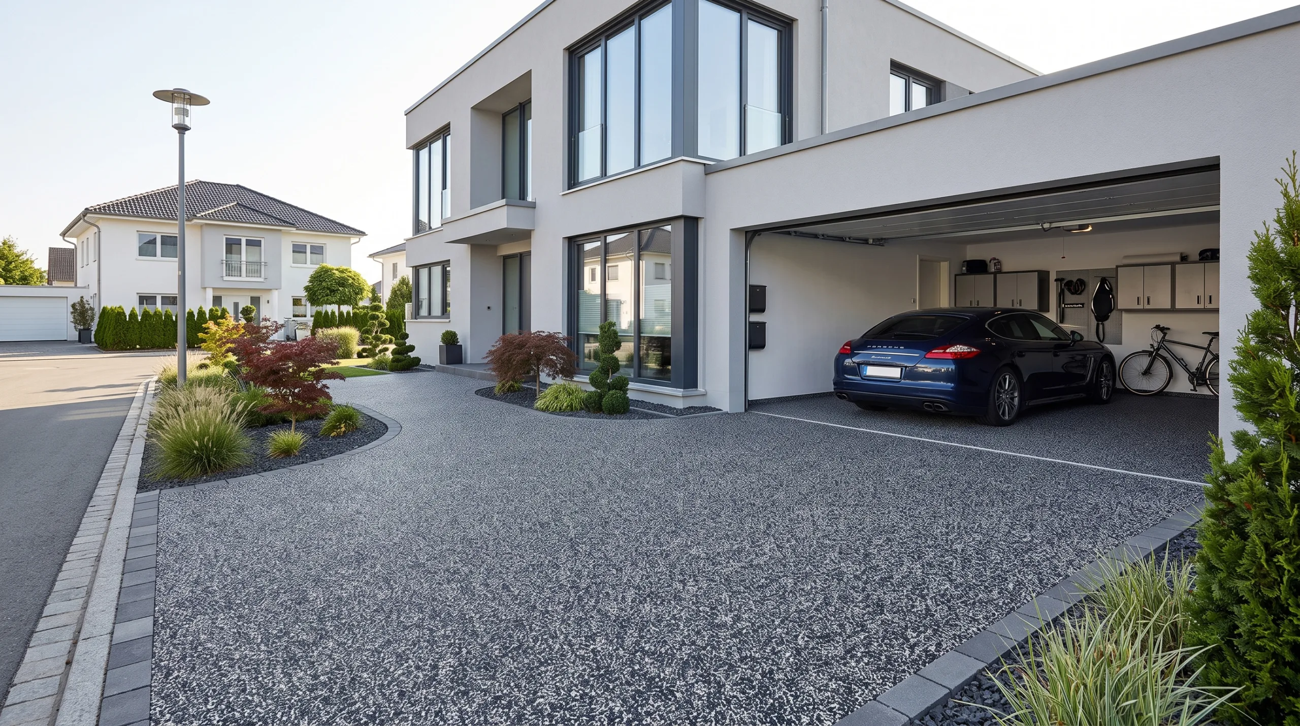 Moderne Einfahrt mit grauem Steinteppich vor einer offenen Garage und geparktem Auto