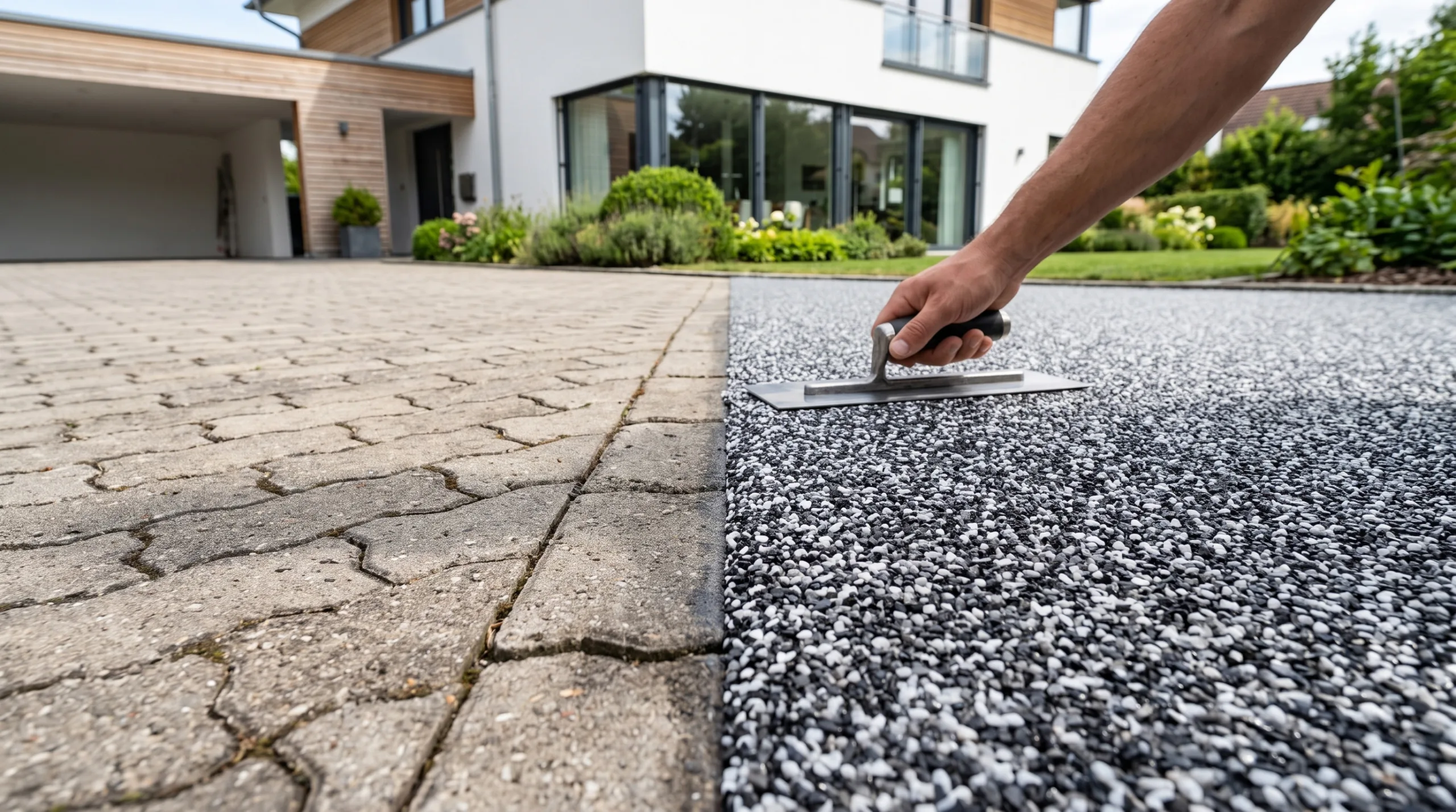 Hand glättet schwarzen und weißen Steinteppich neben gepflasterter Auffahrt.